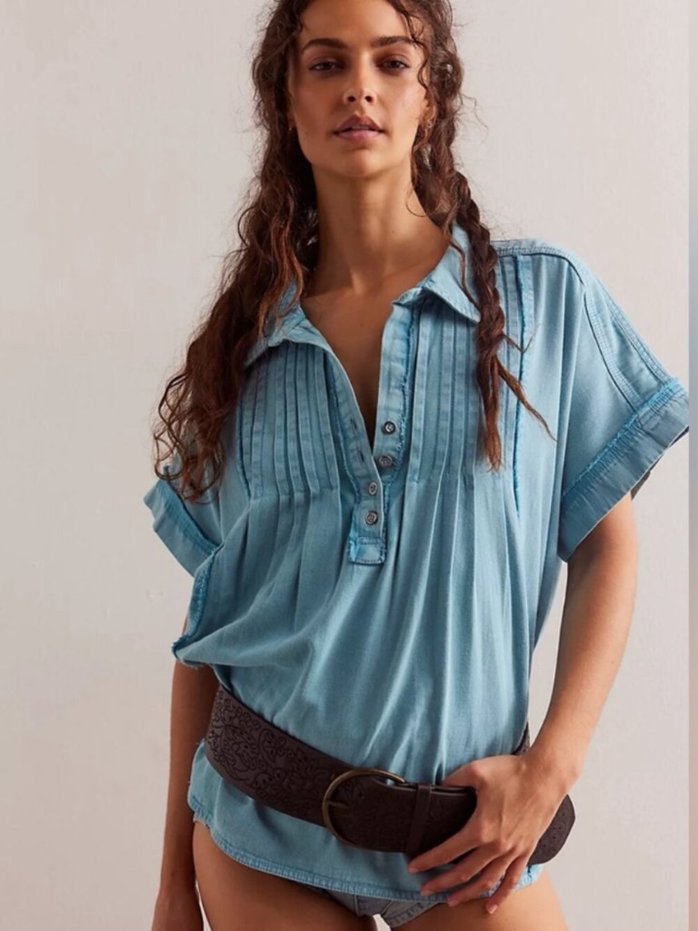 NWT Free People We The Free Milky Blue Cotton Classic Shirt in Women's Large
